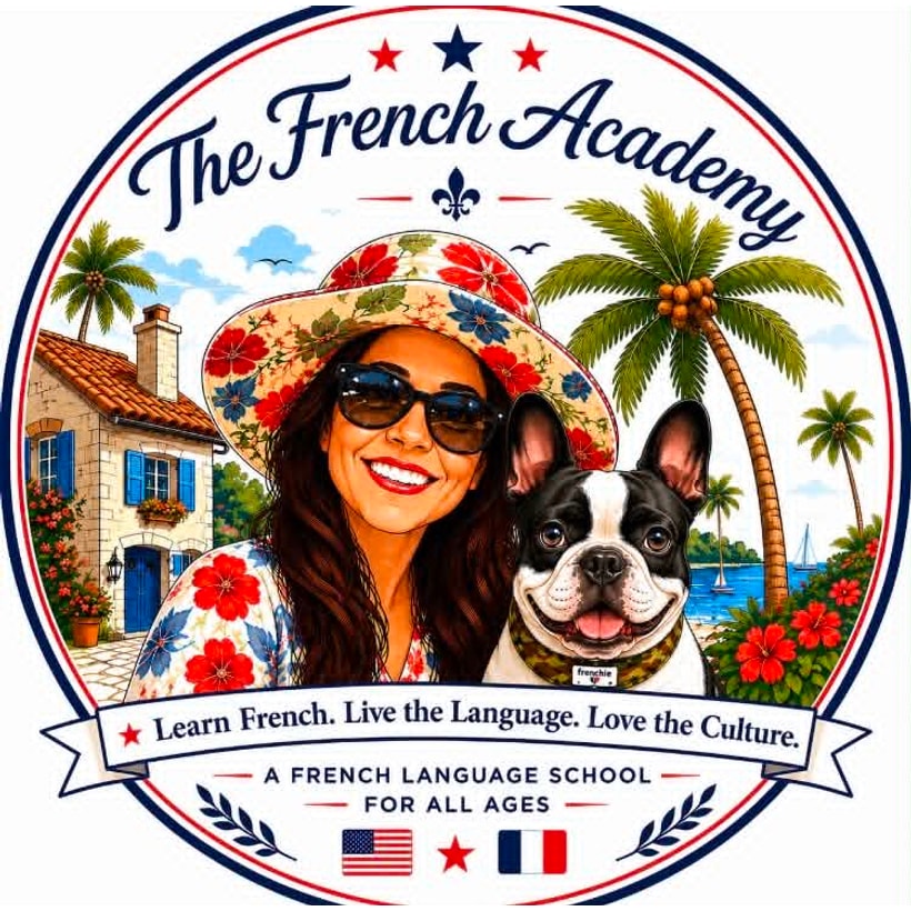 Illustrated emblem of The French Academy: a woman in a floral sun hat with a French bulldog on the Florida coast