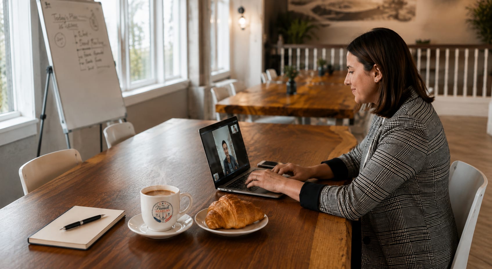 A member joining the weekly virtual café online — coffee and croissant at hand, the heart of the Community
