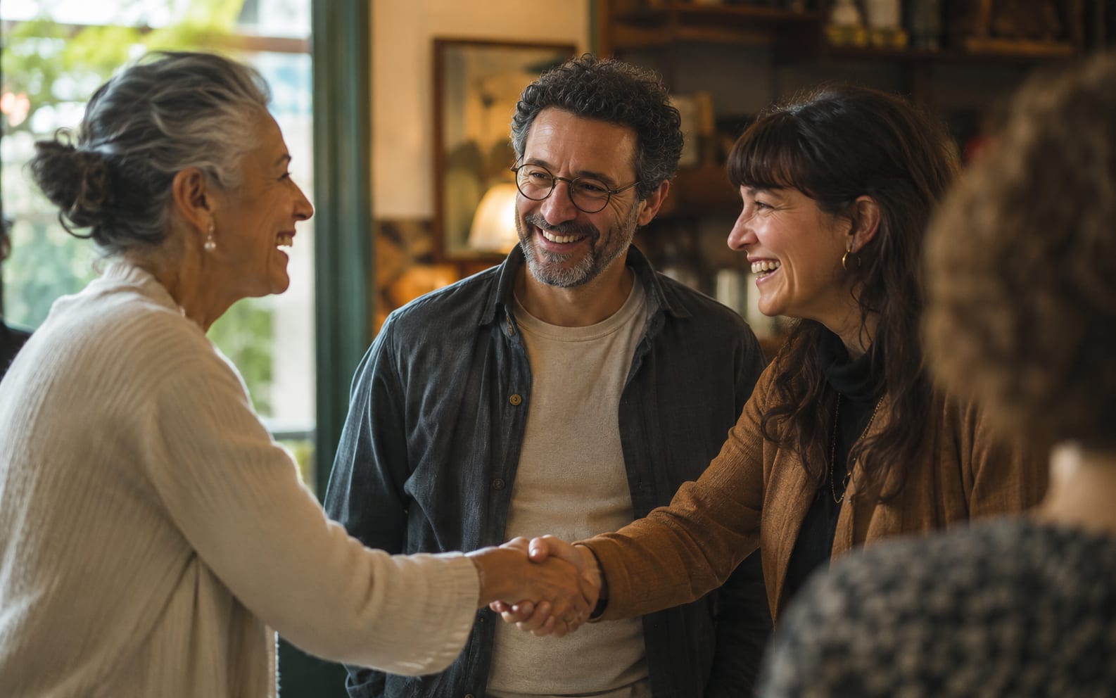 A warm handshake between people meeting face to face — a human school, at human scale
