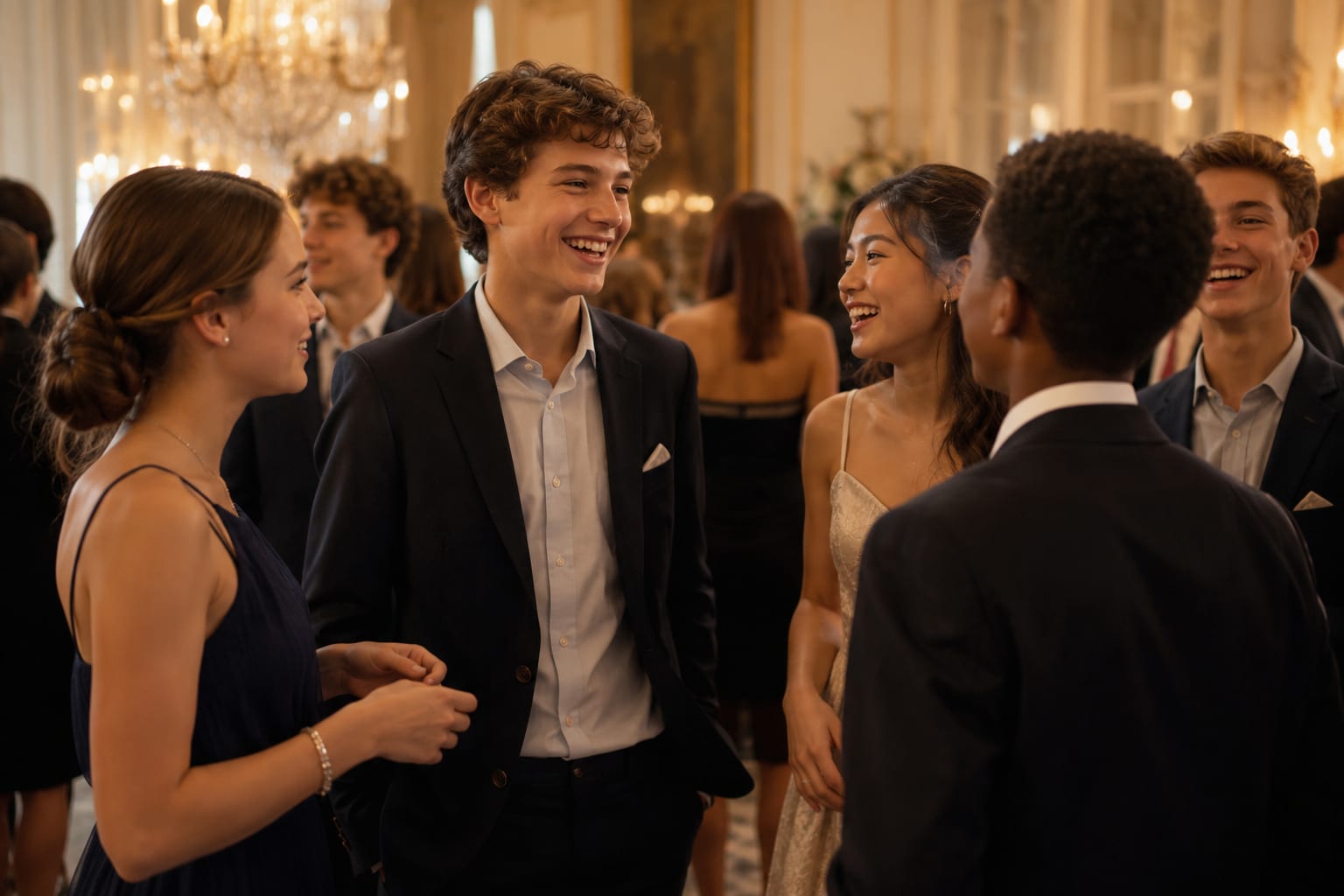 Elegantly dressed young people at a ballroom gathering.
