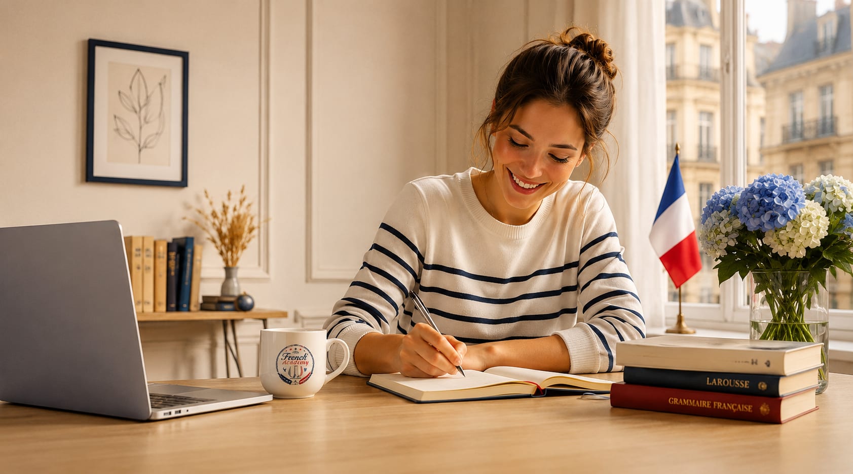 A student writing in French with a French Academy mug, the tricolore and grammar books — the art of living, studied