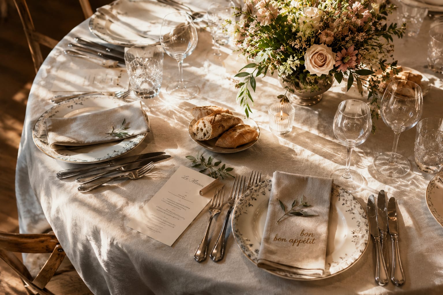 An elegantly set French table with linen, silver and flowers in warm light.