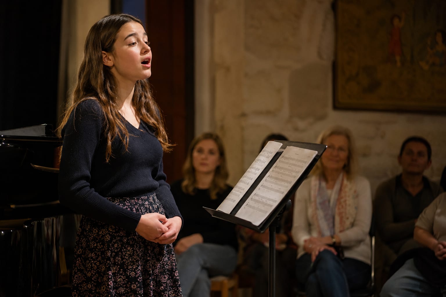 A young singer performing from sheet music before a seated audience.
